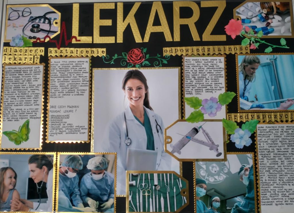 Zdjęcie przedstawiające pracę plastyczną, która otrzymała 1 miejsce  w X edycji Powiatowego Konkursu Wiedzy o Zawodach „Zawód moich marz
