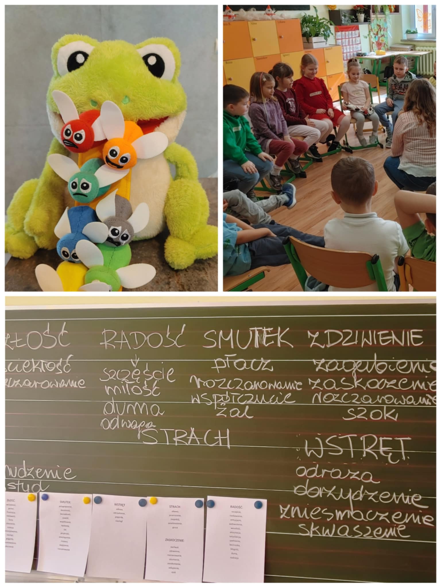 Zdjęcie przestawiajace maskotkę, uczniów szkoły podstawowej oraz tablicę podczas warsztatów pt.: „Wiem, co czuję, poznaję swoje emocje”.