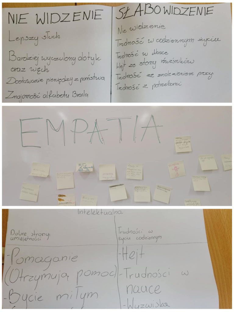 Zdjęcie przedstawia notatki wykonane podczas  warsztatów „Empatia i wrażliwość na potrzeby osób z różnymi niepełnosprawnościami”