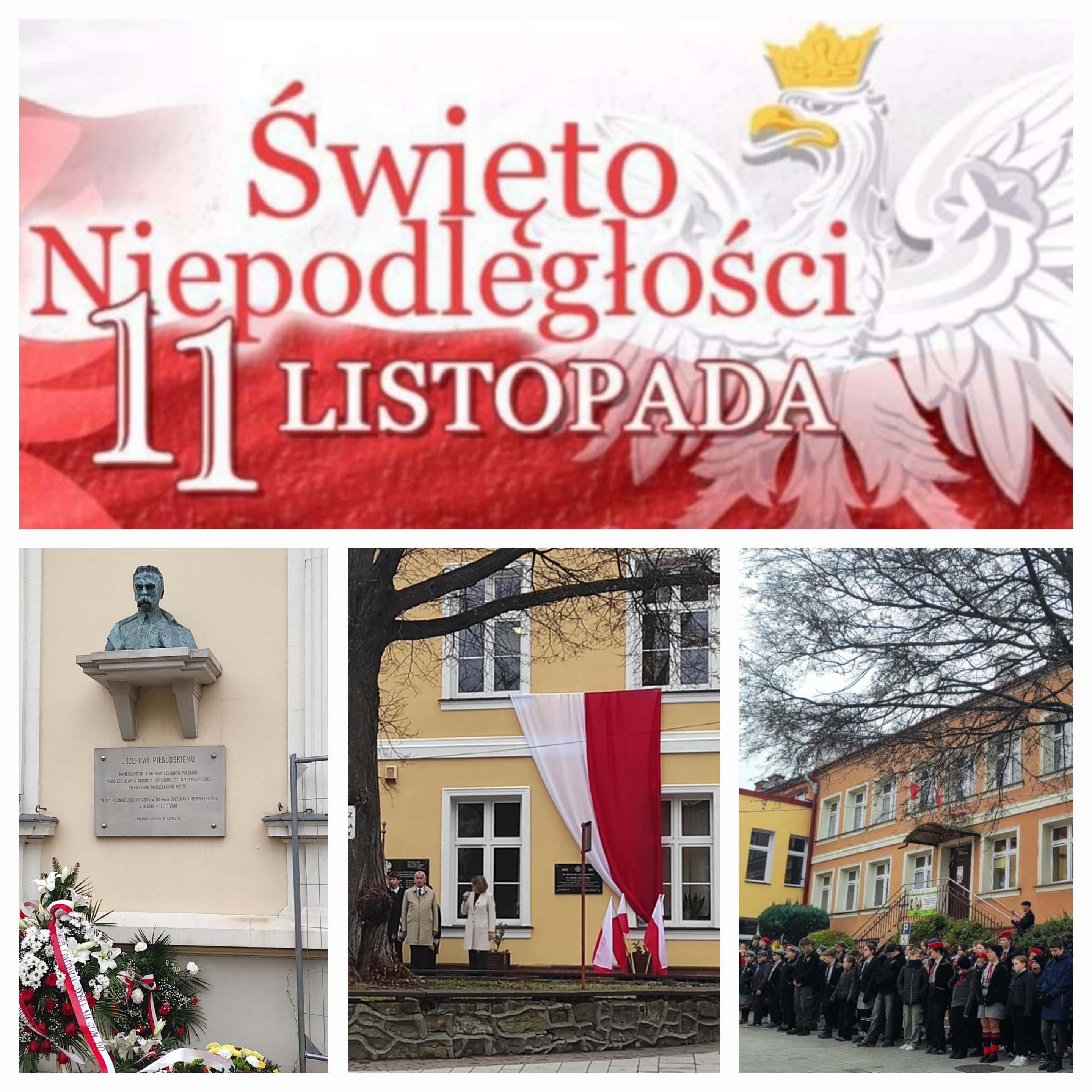 Grafika oraz zdjęcia z uroczystości święta niepodległości