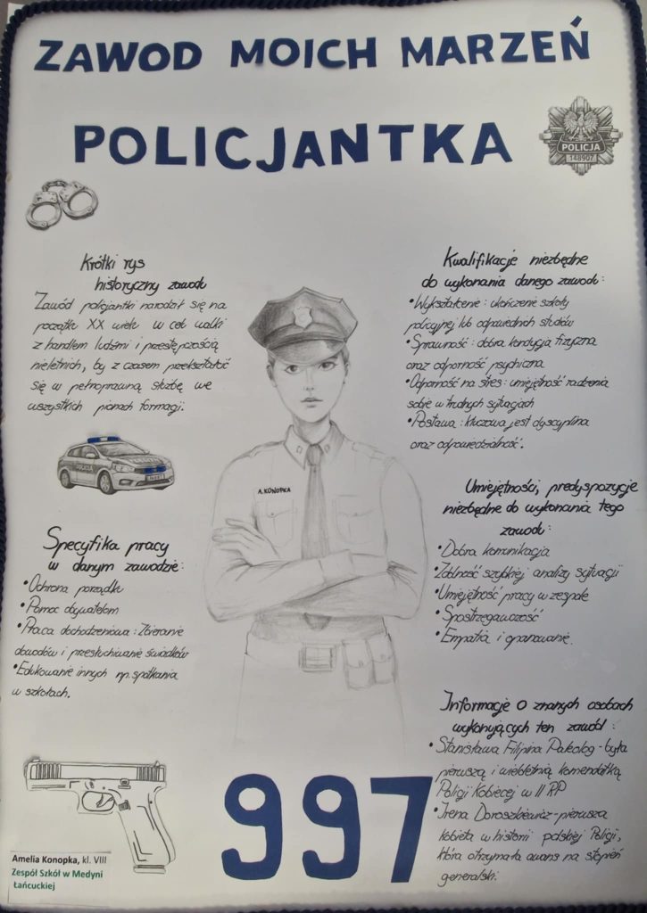 Praca uczennicy, policjantka w ramach konkursu Zawód moich marzeń