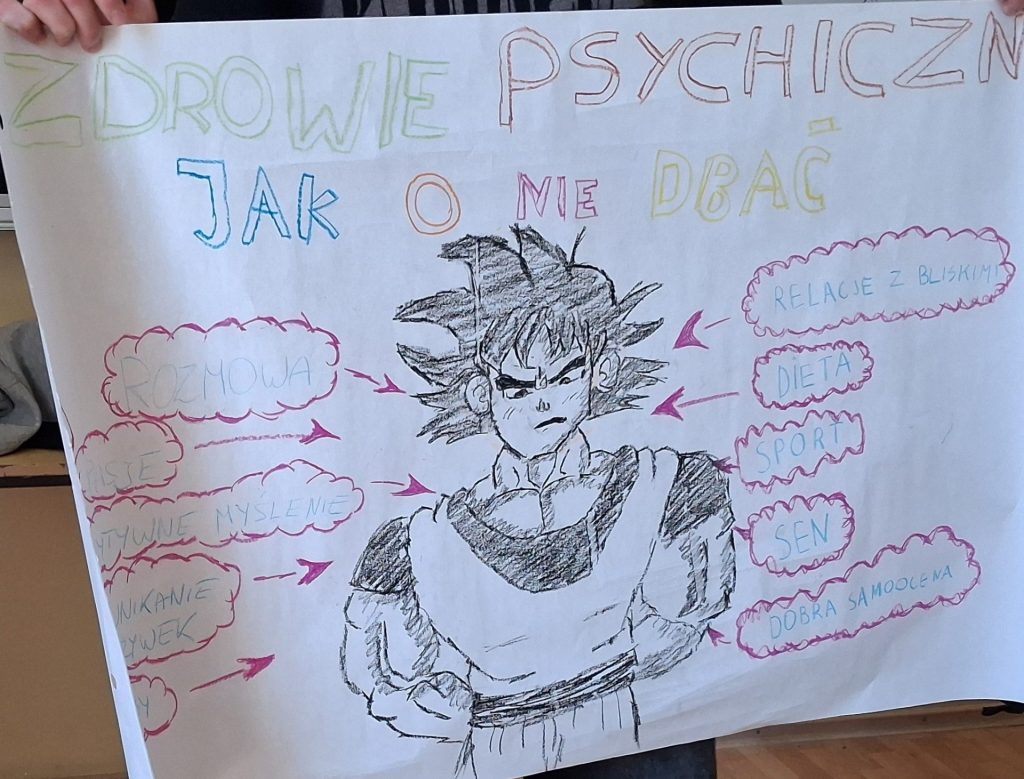 Plakat młodzieży na warsztatach o zdrowiu psychicznym